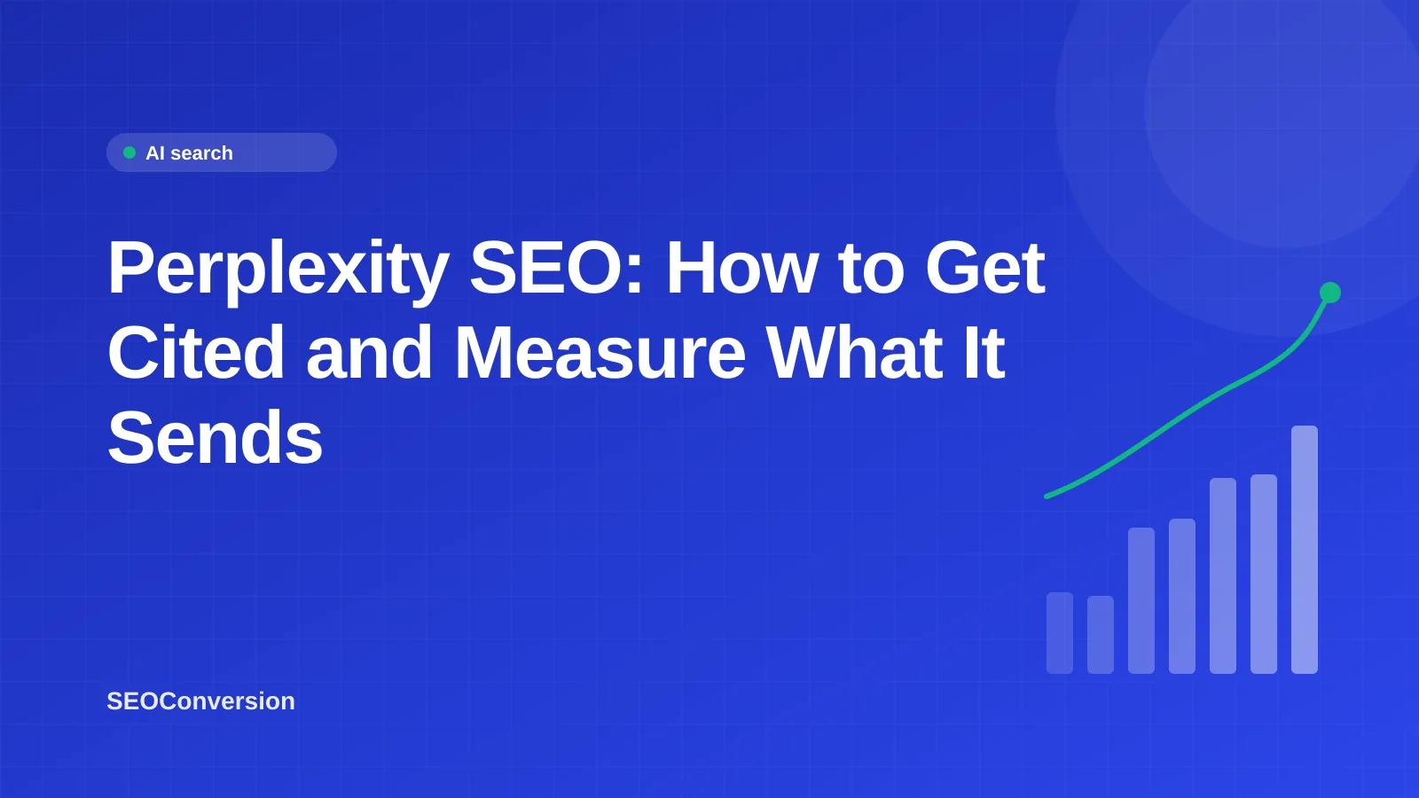 Perplexity SEO: How to Get Cited and Measure What It Sends Perplexity SEO: a Perplexity answer citing numbered sources, with one cited page leading to tracked conversions
